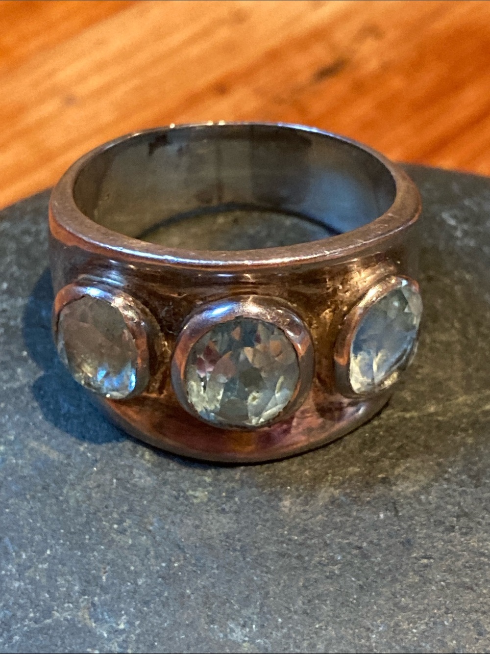 Sterling Silver Wide Band Ring with Pale Blue Gemstones
